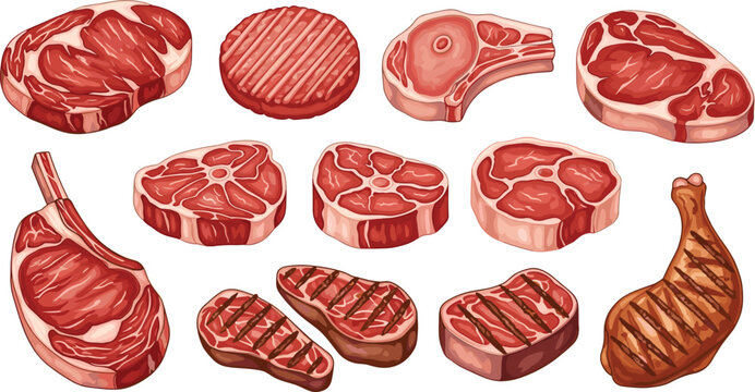 Raw and Grilled Meat Cuts Collection with Steak Pork Chop and Chicken Leg Food Flat Vector Illustration Set