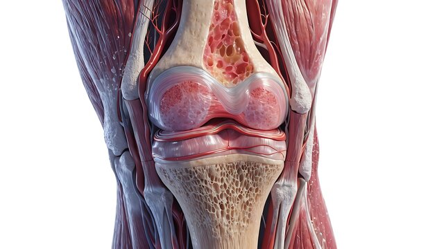 Ultra-detailed cross-section medical render of human knee joint anatomy