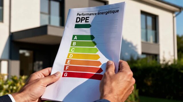 Mains de technicien tenant un livret de diagnostic de performance &eacute;nerg&eacute;tique, dpe, devant la maison
