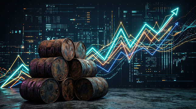 Rusty oil barrels stacked foreground financial charts rising prices concept. A stack of barrels in front of a futuristic data visualization.