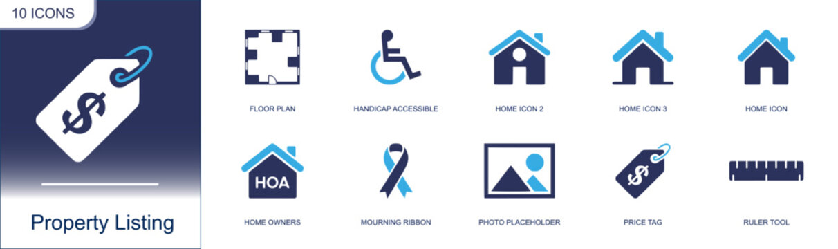 Property listing icon set. Containing floor plan, handicap accessible, home icon, home owners, ribbon, photo placeholder, price tag, ruler, real estate and more. Solid fill vector icons.