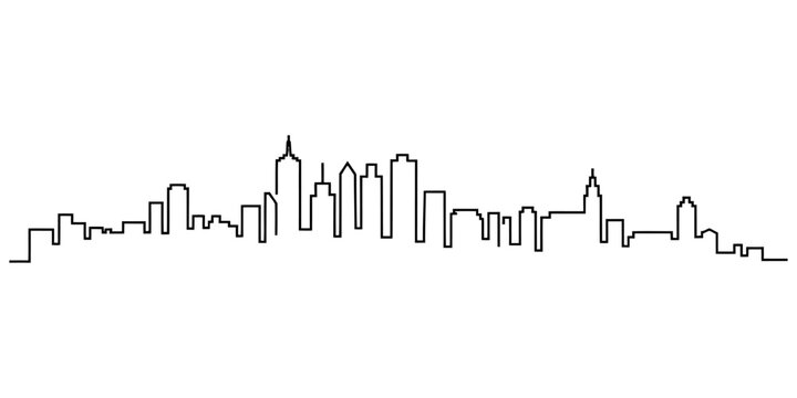 Continuous single line drawing of a modern city skyline with tall buildings and skyscrapers in a simple minimalist black outline style Vector, illustration