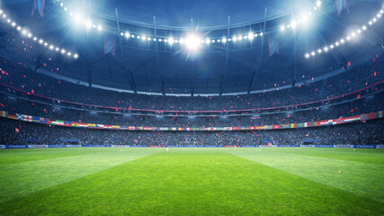 Fototapeta premium Football Stadium with National Flags at night. An imaginary stadium is modelled and rendered. 