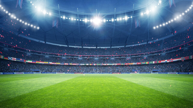 Football Stadium with National Flags at night. An imaginary stadium is modelled and rendered.	