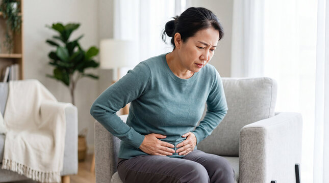 Young Asian woman suffers from pain holds with hands incontinence concept. A woman experiencing abdominal discomfort at home.