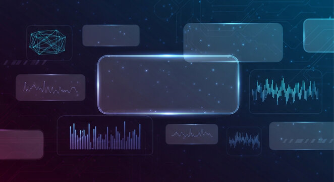 Futuristic digital interface with glowing elements and data visualizations.