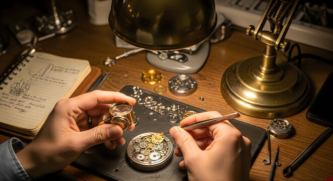Close up of watchmaker hands repairing vintage mechanical watch gears with precision tools on wooden workbench