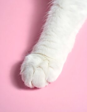 A close-up of a white cat's paw on a pink background (1)