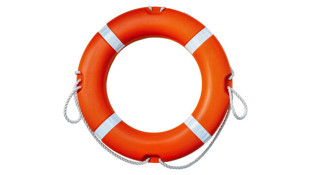 Orange life preserver with reflective stripes and rope hanging