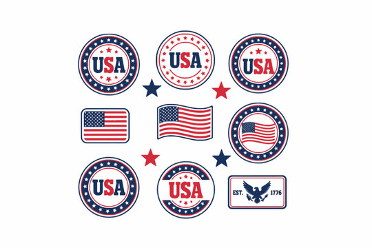Patriotic USA Badge and Stamp Collection with American Flag Vector