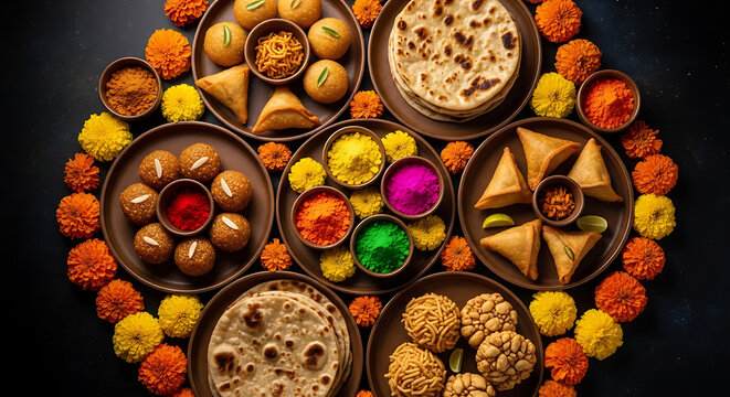 indian sweets and savory snacks arranged in a circular festive composition