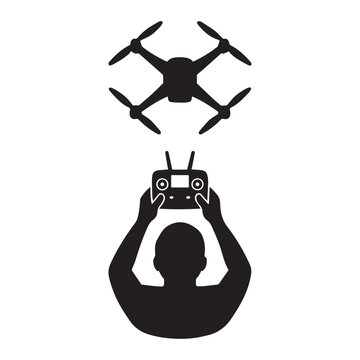 Drone Operator Silhouette with Remote Controller &ndash; Aerial Photography and UAV Technology Vector Illustration