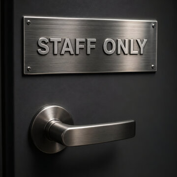 Close up staff only door plaque with brushed metal sheen and sleek silver handle in high contrast lighting metallic textures restricted access modern sans serif font shallow depth of field professiona