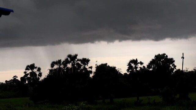 Ominous Sky and Nature's Fury: Captivating the raw, untamed power of a thunderstorm as dark, foreboding clouds loom, casting a dramatic shadow over a tranquil landscape.