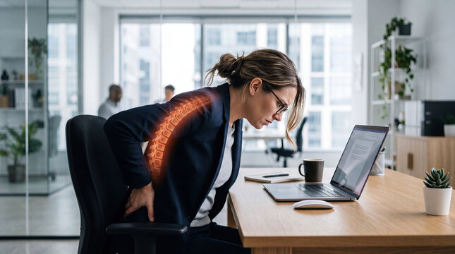 Woman suffering back pain from poor posture while working concept. A woman in pain working at her desk, experiencing back discomfort.