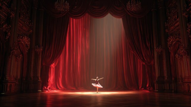 High-end theatre interior stage, closed curtains, gold ornamentation, dramatic yet elegant, empty scene, 8k realism