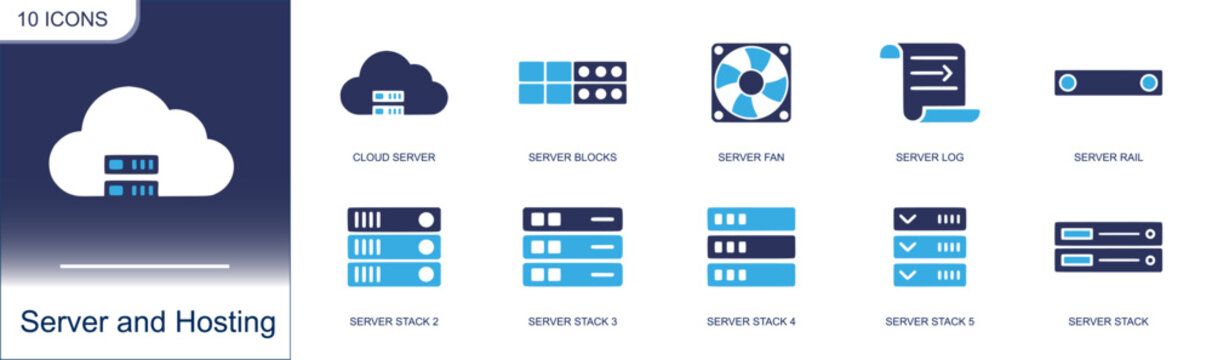 Server and hosting icon set. Containing cloud server, server blocks, server fan, server log, server rail, server stack, data center, infrastructure and more. Solid fill vector icons.