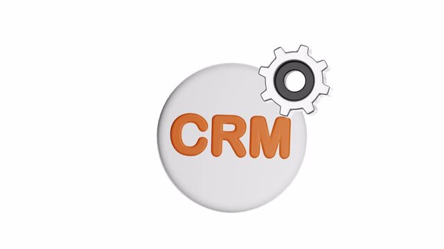 3d ux icon motion white circle with crm in orange and grey gear. Suitable for illustrating customer relationship management systems or software technology concepts.