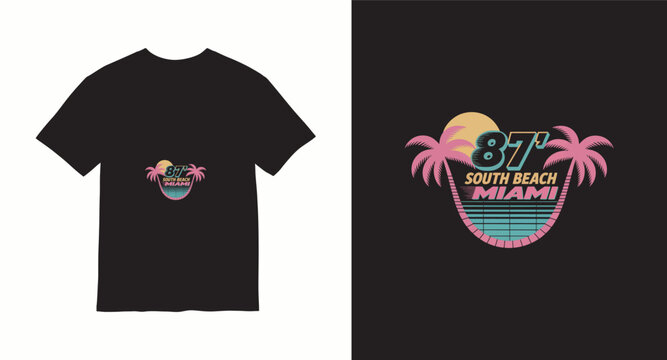 Miami beach 1987 graphic with palm trees and retro style typography and sun design.
