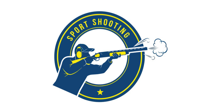 Sport Shooting Emblem: Shooter Aiming Shotgun with Smoke Cloud