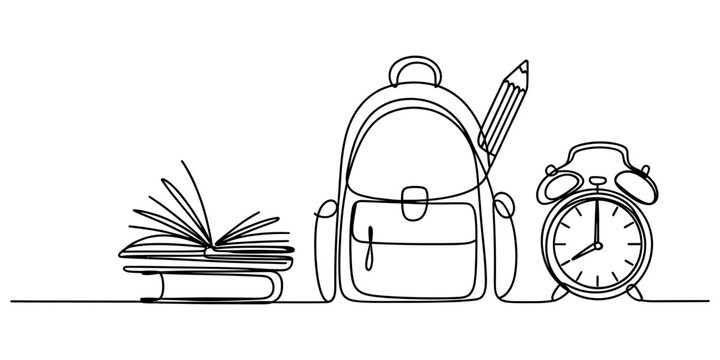 Continuous single line drawing of school backpack with open book and alarm clock and pencil for back to school education concept Vector, illustration