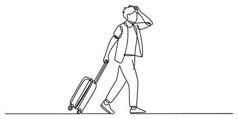 Obraz premium Young man traveler walking with a rolling suitcase handle luggage bag in a continuous single line drawing style illustration Vector, illustration