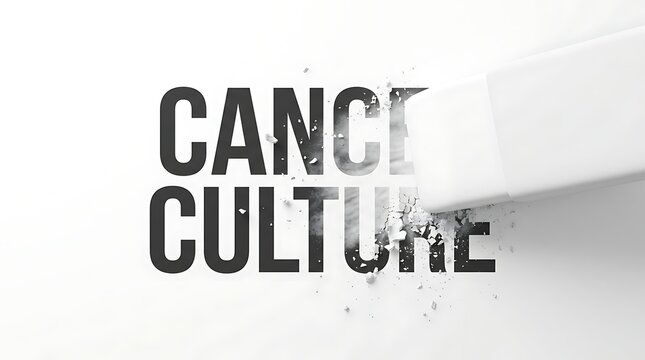Erasure of Cancel Culture: A metaphorical depiction of cancel culture being erased, using an eraser to remove the words, symbolizing the act of eliminating or removing ideas and ideologies. 