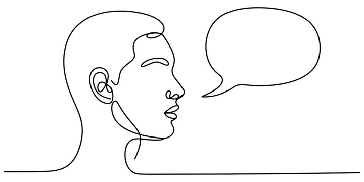 Continuous single line drawing of a human head in profile with an empty speech bubble for communication and talking concept Vector, illustration