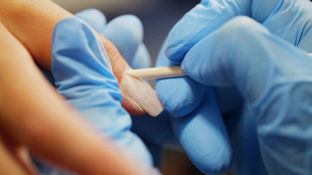 The manicurist uses an orange stick to push back the cuticle. High quality 4k footage