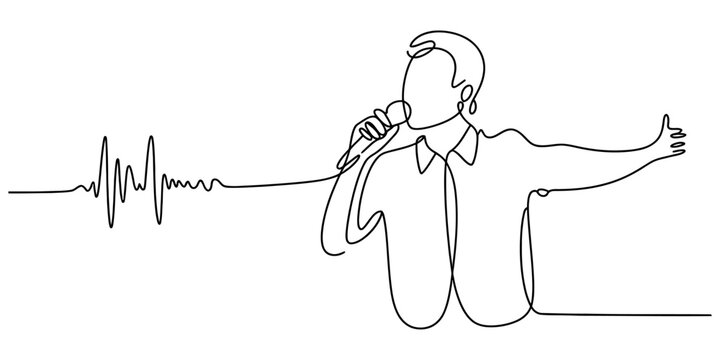 Continuous single line drawing of a man singing into a microphone with a sound wave pulse effect for music performance concept Vector, illustration