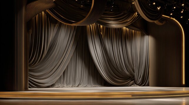 Luxury performance stage, modern-classic decor blend, smooth curtains, minimalist elegance, empty stage, 8k realism