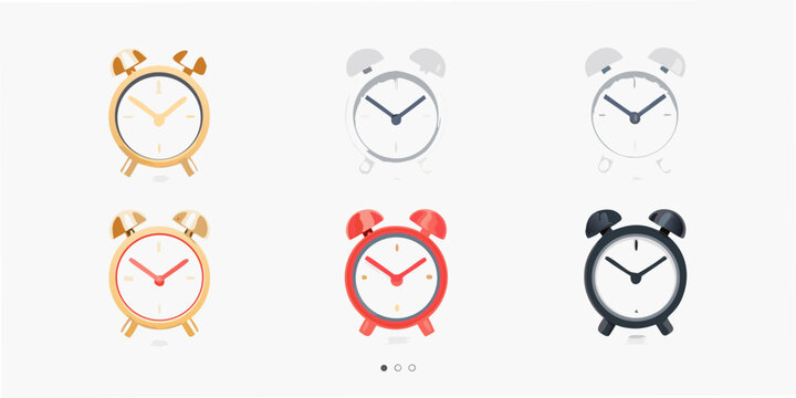 A collection of colorful vintage style alarm clocks on a white background