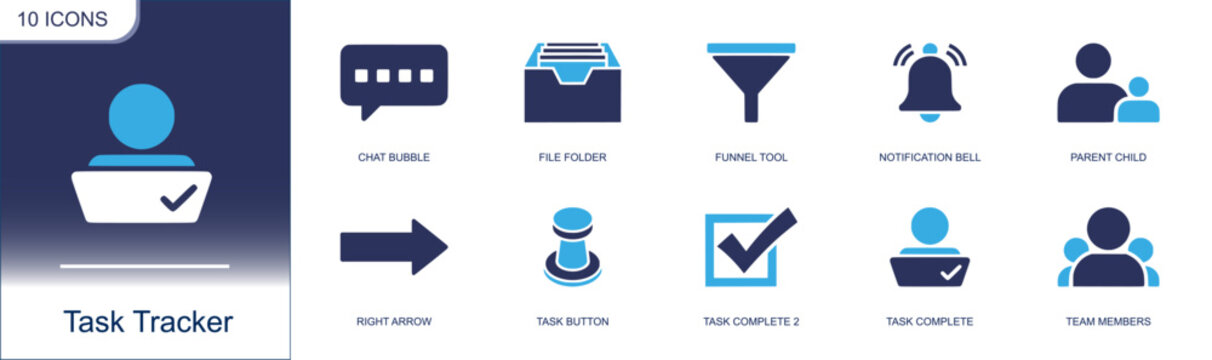 Task tracker icon set. Containing chat bubble, file folder, funnel tool, notification bell, parent child, right arrow, task button, task complete, members and more. Solid fill vector icons.