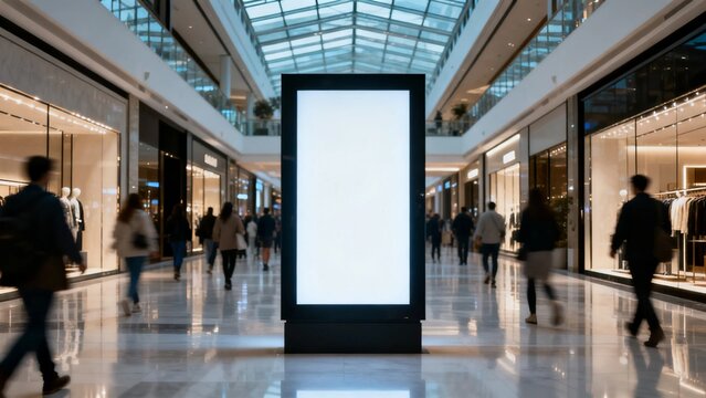 Blank vertical advertising billboard in shopping mall interior, black digital screen mockup mounted in modern commercial space, blurred shoppers, skylight lighting and minimalist signage background
