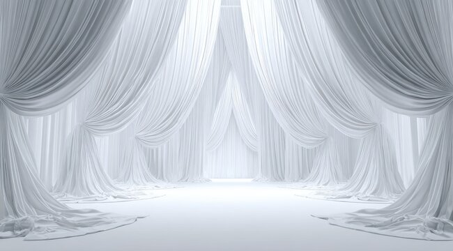 Elegant White Drapery and Sparkling Embellishments Create a Luxurious and Frosty Atmosphere with Soft Ambient Lighting and a Bright Center Stage Illuminated by Subtle Uplighting