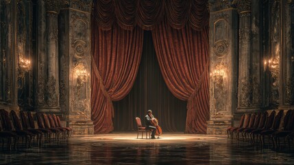 Fototapeta premium Opera stage, closed curtains, solo violinist under a bright spotlight, detailed decor, polished floor reflections, realistic textures, 8k