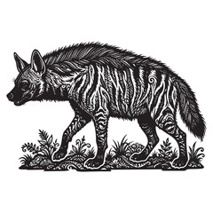 Obraz premium Detailed Line Art Hyena Walking through Grass for Wildlife Canvas and Hoodie Graphics