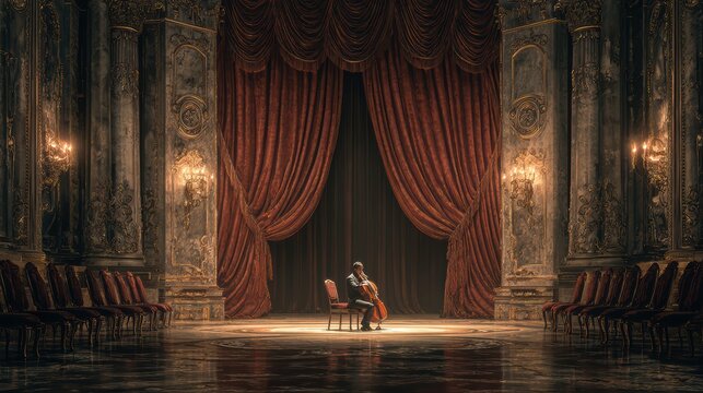 Opera stage, closed curtains, solo violinist under a bright spotlight, detailed decor, polished floor reflections, realistic textures, 8k