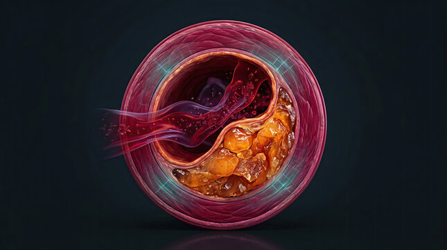 Blocked blood vessel artery poor circulation risks heart health concept. Abstract depiction of a cell with colorful components and textures.