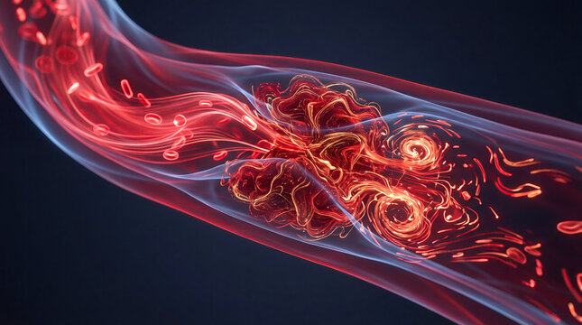 Blood clot thrombus blocking red blood cells stream artery concept. Abstract digital art showcasing fluid dynamics in vibrant colors.
