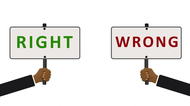 Hands Holding Right and Wrong Signs Animation for Ethics and Decision Making