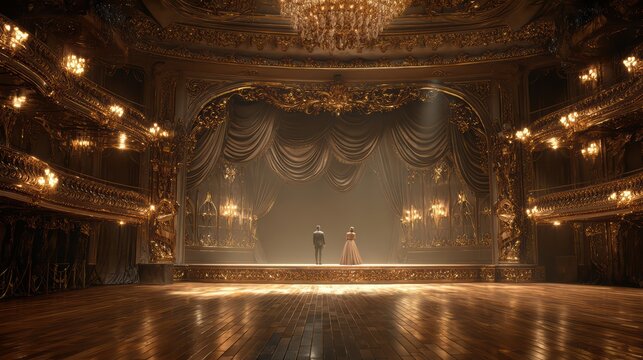 Theatre stage, baroque golden details, two performers in spotlight, rich textures, elegant polished floor, cinematic ultra-realistic 8k