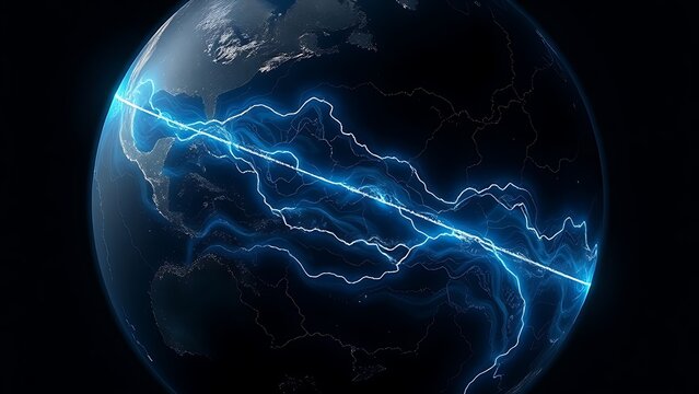 Ancient oceanic currents visualized as glowing blue veins on a dark planet, revealing hidden flows.