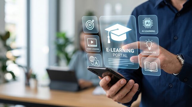 Person holding smartphone with e-learning portal interface, online education concept, AI learning tools, video lessons, resources and digital textbook icons for remote study and