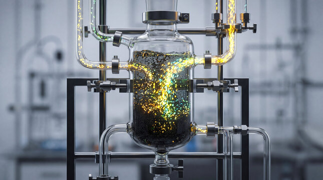 Extraction process of precious rare earth elements refinement concept. Chemical reaction in laboratory flask creating colorful effects.