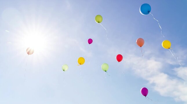 Colorful balloons float in the sky on a sunny day during a celebration at a park in springtime, creating a joyful sight for viewers