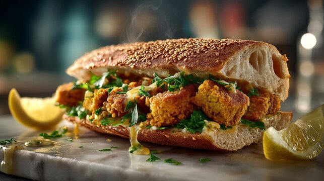 Sicilian Panelle Sandwich with Crispy Chickpea Fritters, Sesame Bread, and Fresh Lemon on Rustic Plate Close-Up