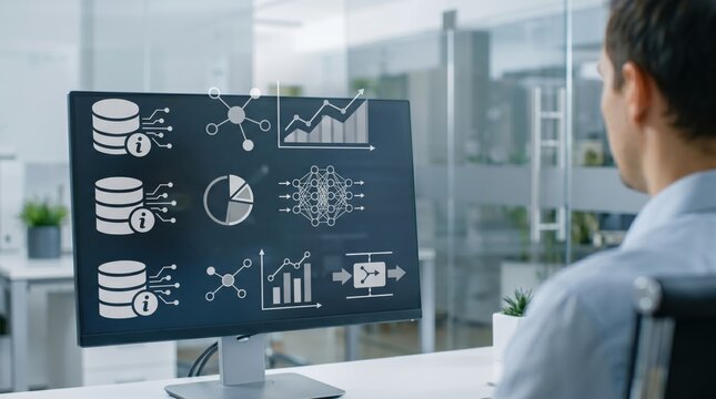 Businessman analyzing data charts on monitor, big data analytics concept, artificial intelligence and machine learning visualization for strategic decision making.