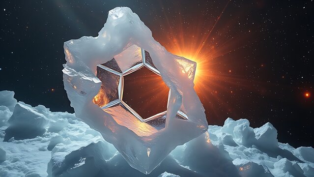 Alien ice crystals form impossible geometric shapes in zero gravity, refracting distant supernovae light.