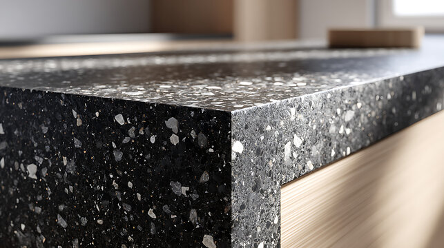 Black terrazzo kitchen countertop featuring speckled white aggregate texture and sharp edge detailing resting on light wooden cabinetry in a modern minimalist home interior